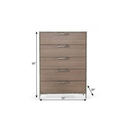 35" Brown Oak And Grey Solid And Manufactured Wood Five Drawer Chest