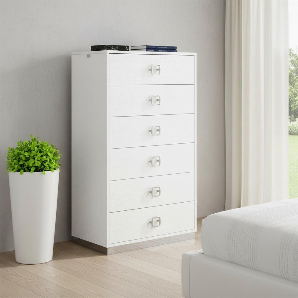 32" White Manufactured Wood + Solid Wood Stainless Steel Six Drawer Chest