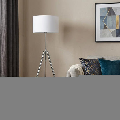 64" Silver Adjustable Tripod Floor Lamp With White Fabric Shade