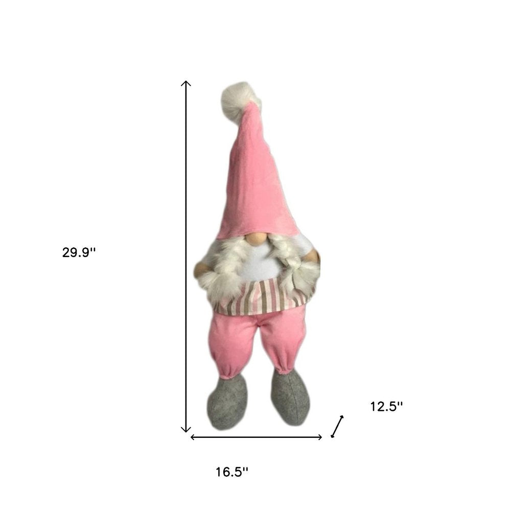 30" Pink and White Fabric Christmas Standing Gnome Tabletop Sculpture