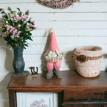 30" Pink and White Fabric Christmas Standing Gnome Tabletop Sculpture