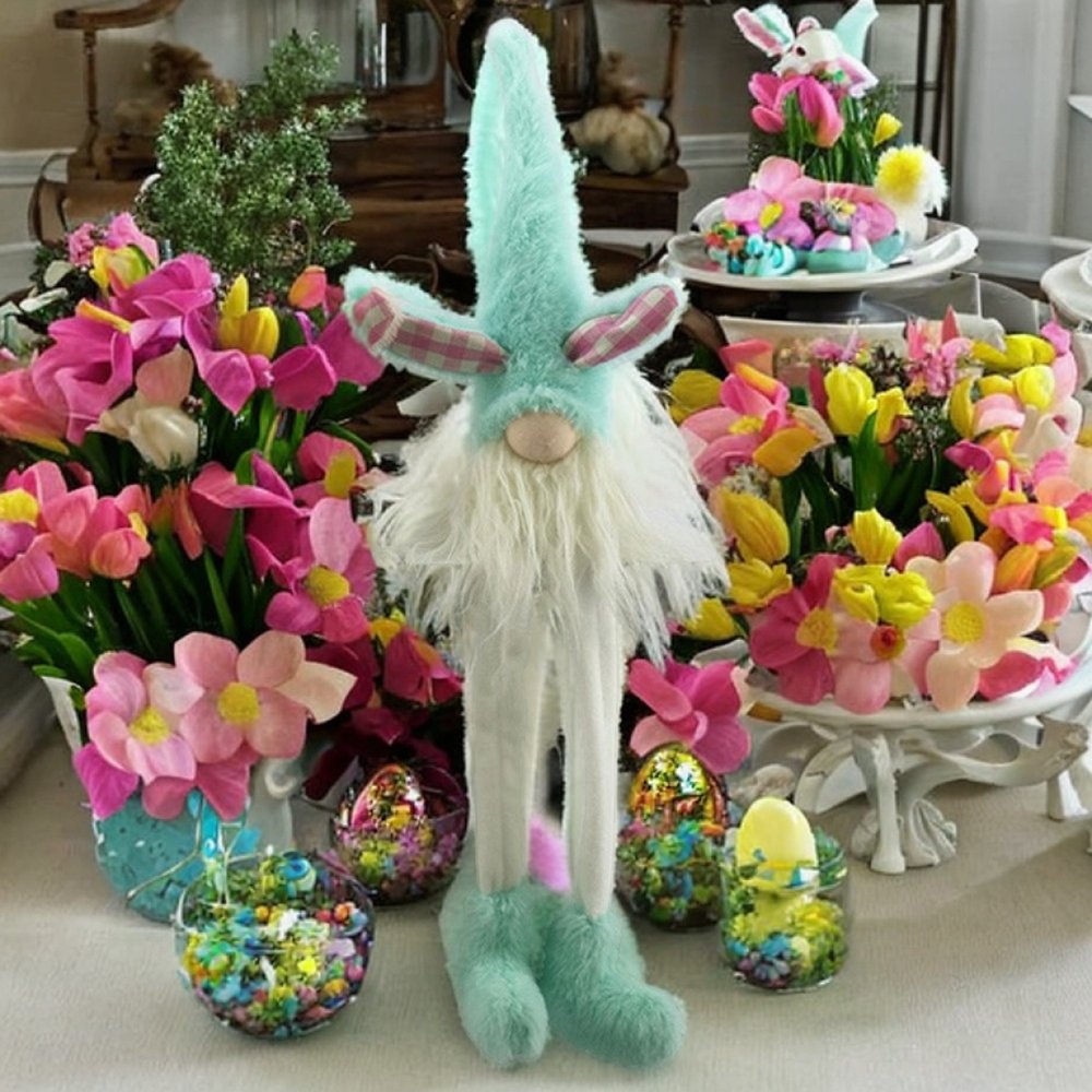 23" Blue and White Fabric Standing Bunny Gnome Tabletop Sculpture