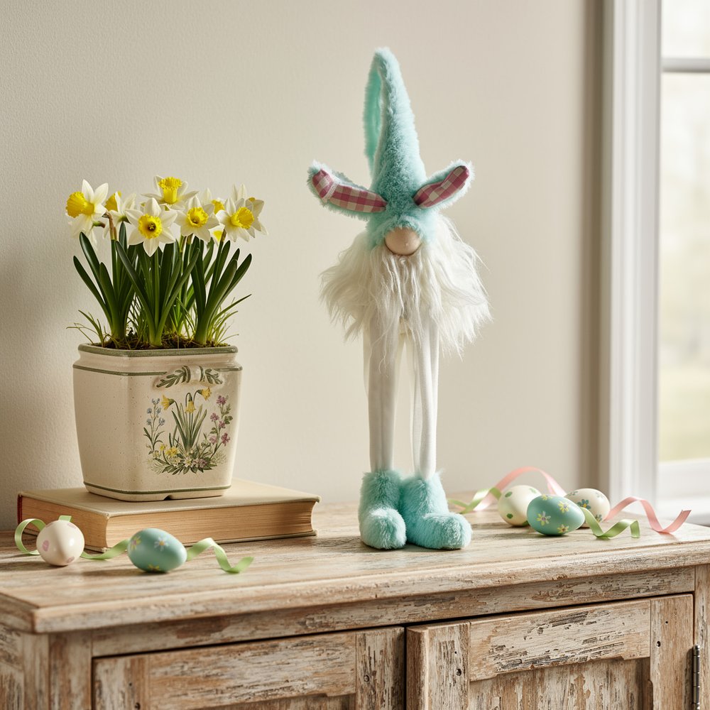 23" Blue and White Fabric Standing Bunny Gnome Tabletop Sculpture