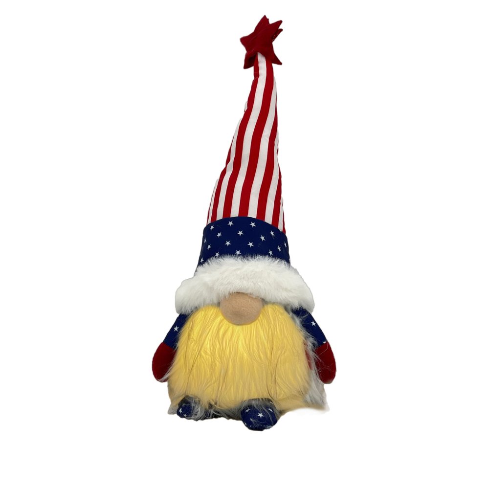 14" Red White and Blue Fabric Independence Day Standing Gnome Tabletop Sculpture with LED