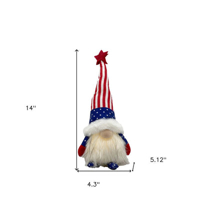 14" Red White and Blue Fabric Independence Day Standing Gnome Tabletop Sculpture with LED