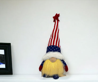 14" Red White and Blue Fabric Independence Day Standing Gnome Tabletop Sculpture with LED
