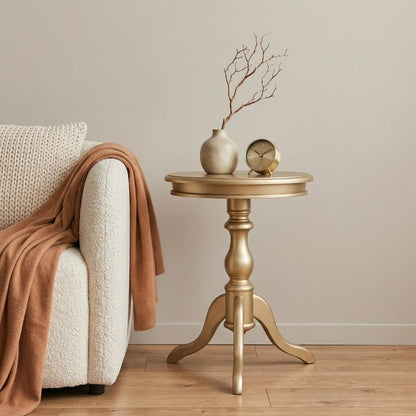 25" Champagne Wood And Solid Wood Round Pedestal End Table