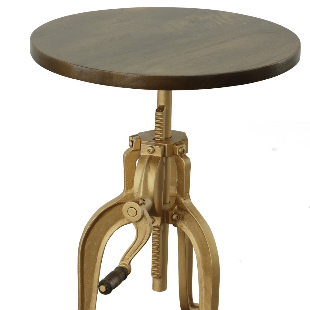 19" Dark Brown And Gold Distressed Solid Wood And Iron Height Adjustable Round End Table