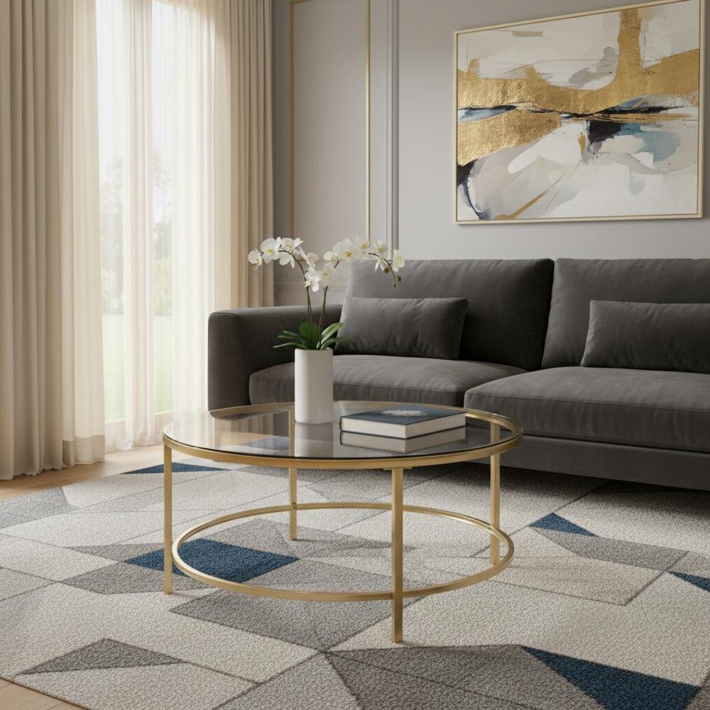 36" Gold And Clear Glass Round Coffee Table