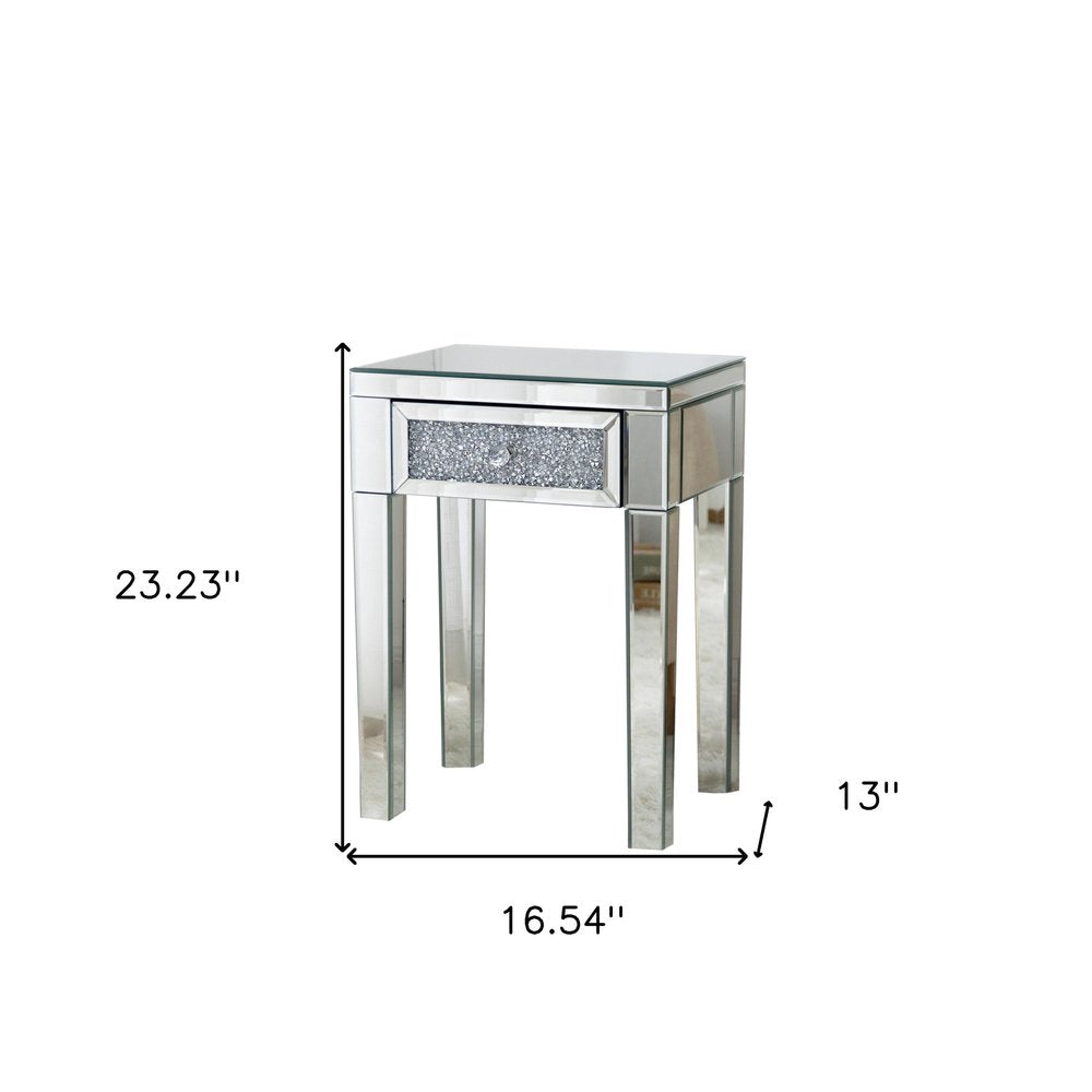 23" Silver Glass Mirrored End Table With Drawer