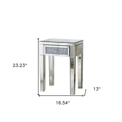 23" Silver Glass Mirrored End Table With Drawer