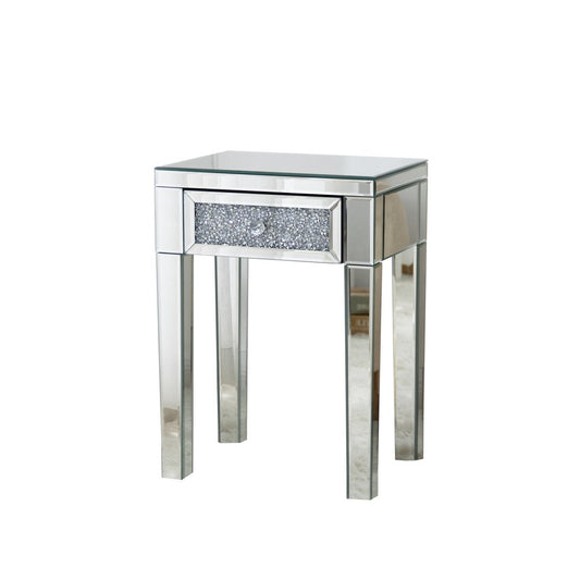 23" Silver Glass Mirrored End Table With Drawer