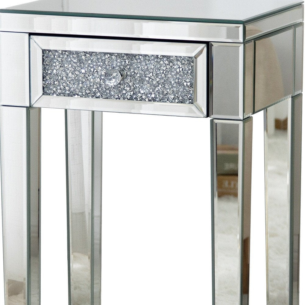 23" Silver Glass Mirrored End Table With Drawer