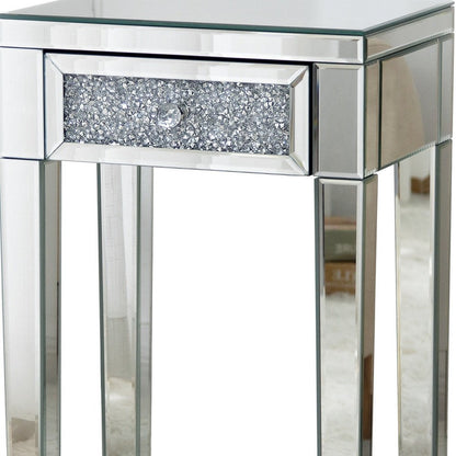 23" Silver Glass Mirrored End Table With Drawer