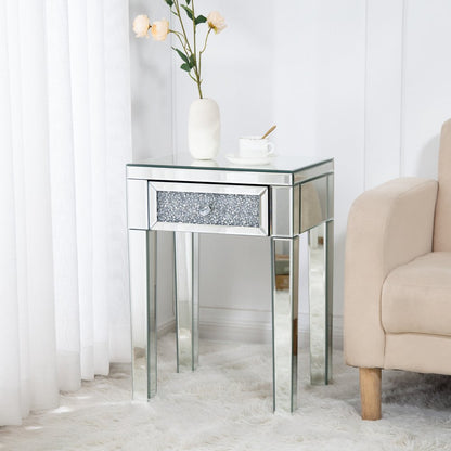 23" Silver Glass Mirrored End Table With Drawer