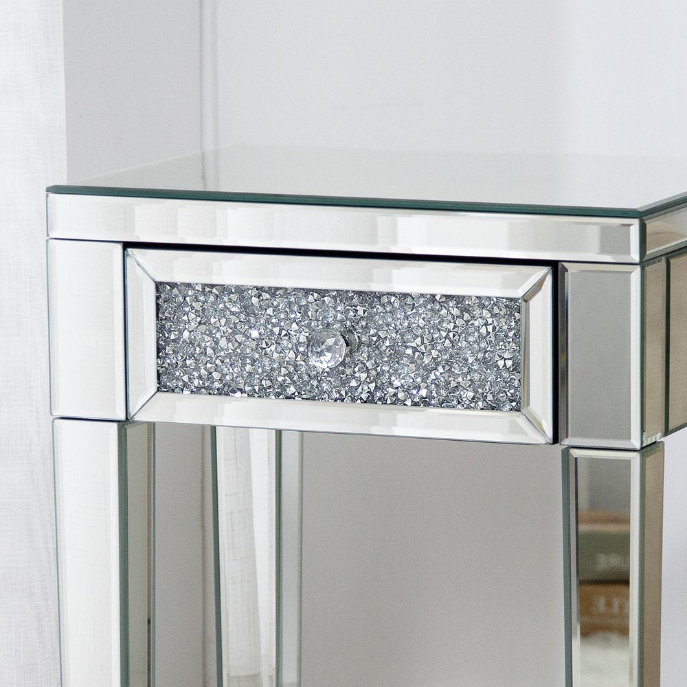 23" Silver Glass Mirrored End Table With Drawer