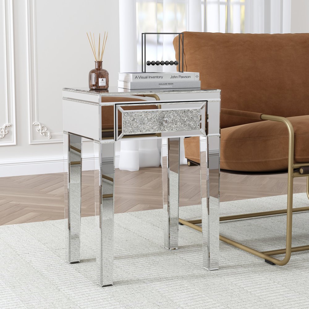 23" Silver Glass Mirrored End Table With Drawer