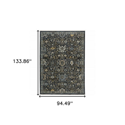 8' X 11' Blue And Dark Blue Oriental Area Rug With Fringe