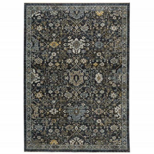 8' X 11' Blue And Dark Blue Oriental Area Rug With Fringe
