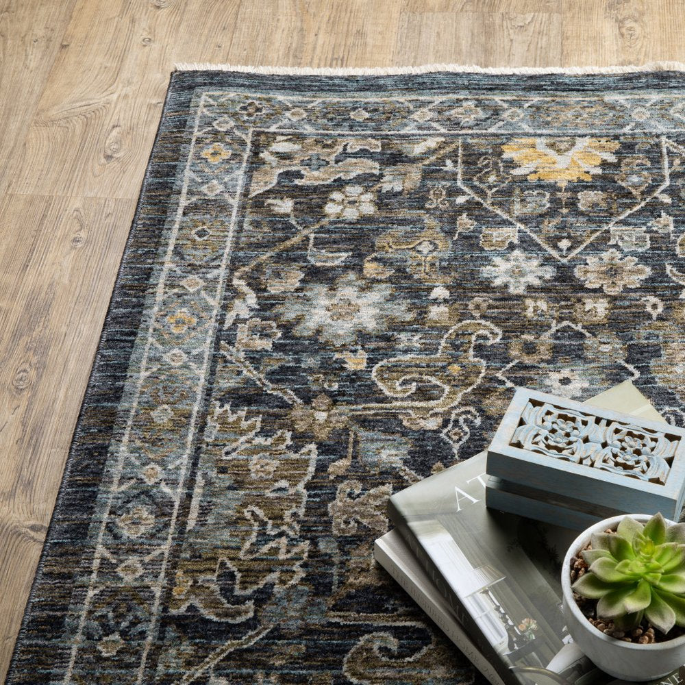 8' X 11' Blue And Dark Blue Oriental Area Rug With Fringe
