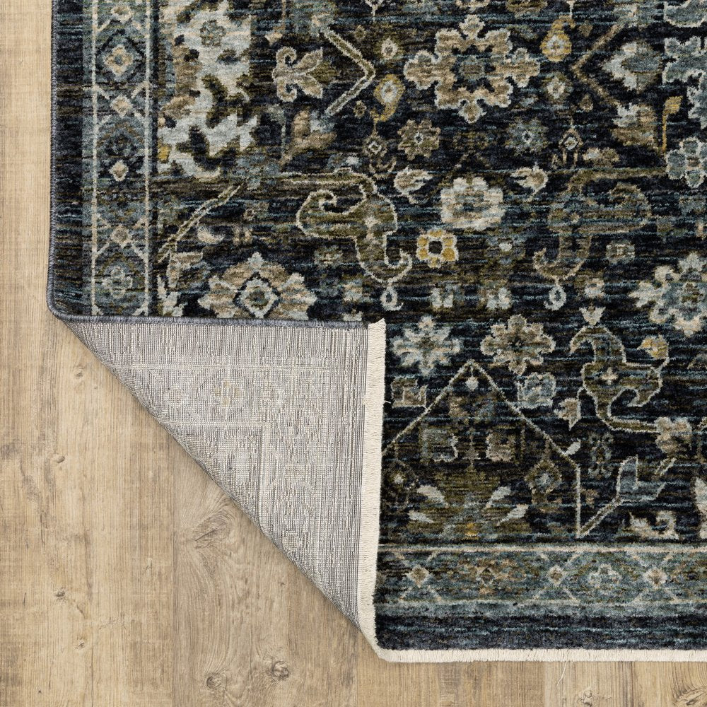 8' X 11' Blue And Dark Blue Oriental Area Rug With Fringe