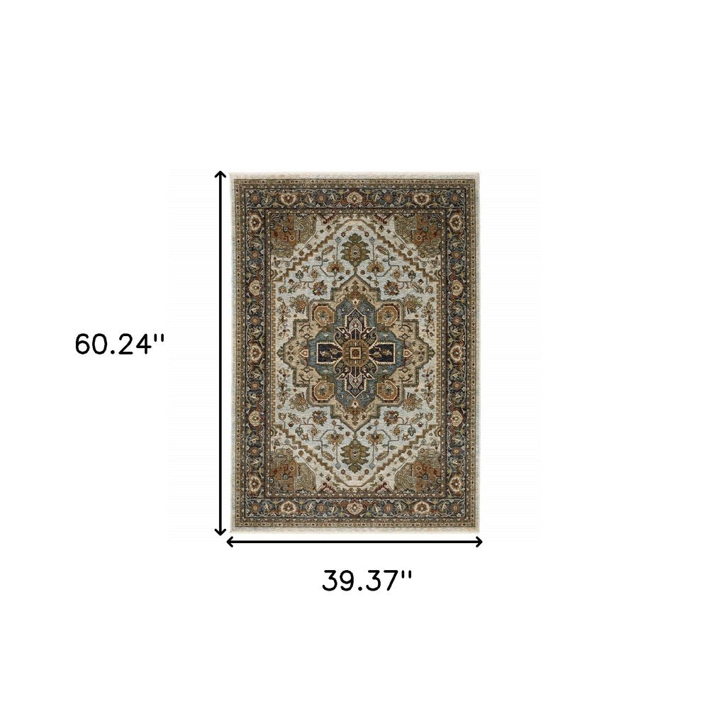 3' X 5' Beige And Ivory Oriental Area Rug With Fringe