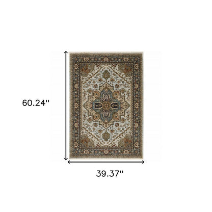 3' X 5' Beige And Ivory Oriental Area Rug With Fringe