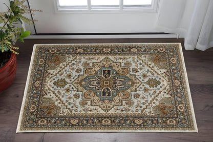 3' X 5' Beige And Ivory Oriental Area Rug With Fringe