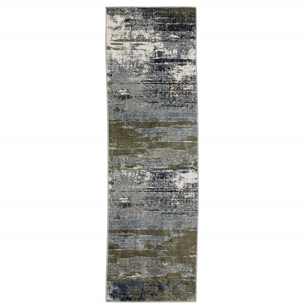 2' X 8' Blue Green Grey Brown And Beige Abstract Power Loom Stain Resistant Runner Rug