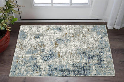 3' X 5' Blue Ivory Grey Brown Beige And Light Blue Abstract Power Loom Stain Resistant Area Rug