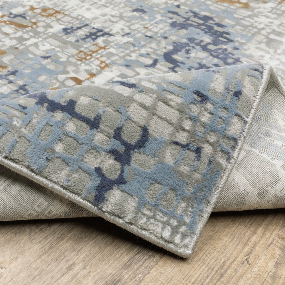 3' X 5' Blue Ivory Grey Brown Beige And Light Blue Abstract Power Loom Stain Resistant Area Rug