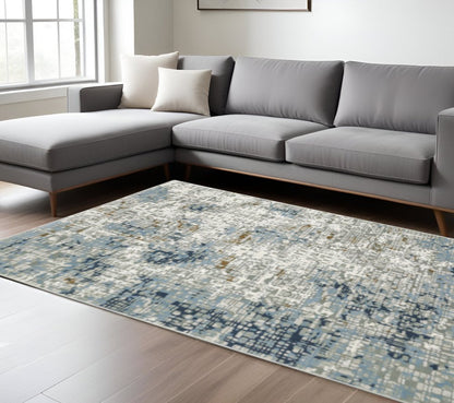 3' X 5' Blue Ivory Grey Brown Beige And Light Blue Abstract Power Loom Stain Resistant Area Rug