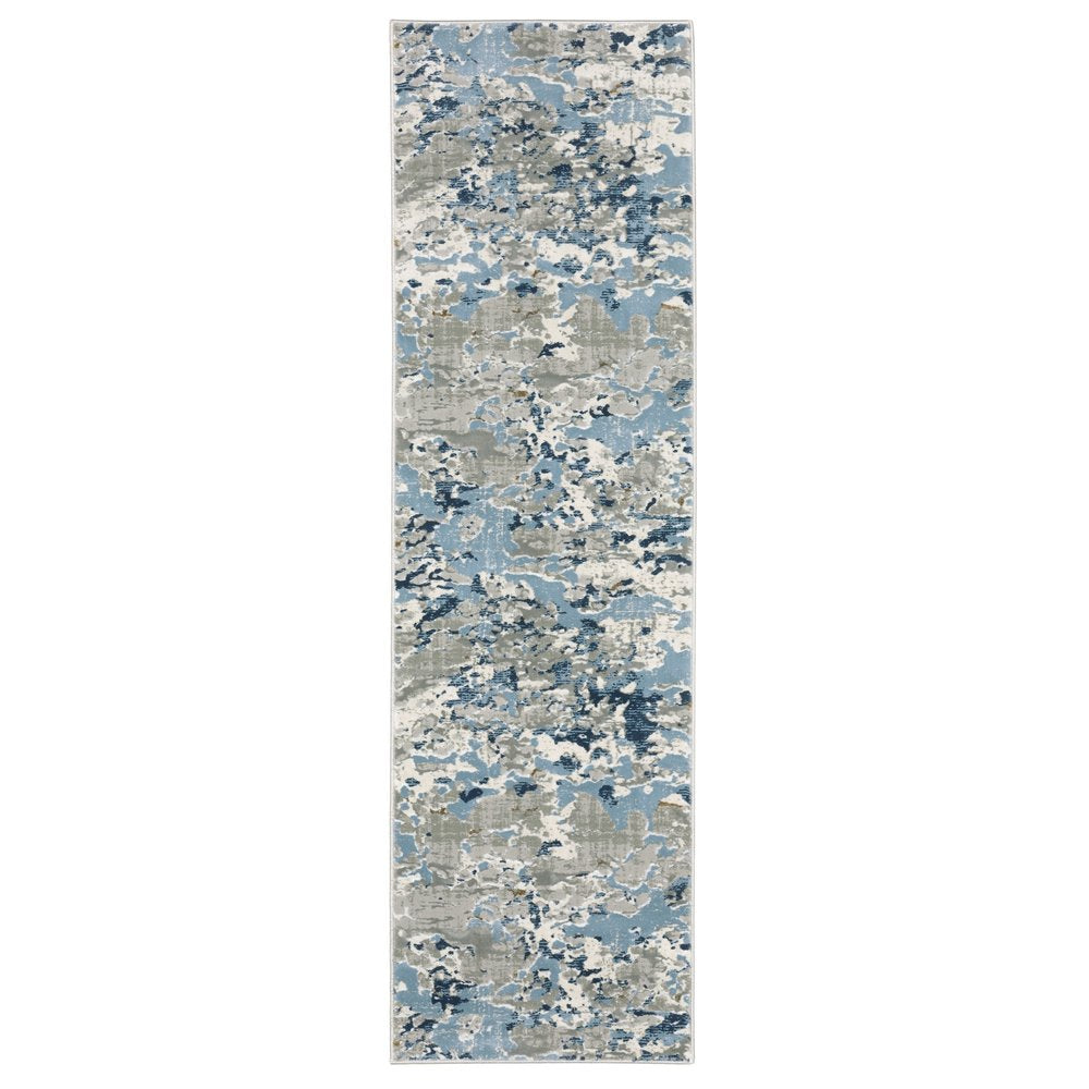 2' X 8' Grey Blue Ivory Navy Beige And Brown Abstract Power Loom Stain Resistant Runner Rug