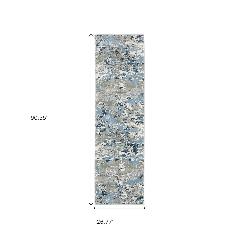 2' X 8' Grey Blue Ivory Navy Beige And Brown Abstract Power Loom Stain Resistant Runner Rug