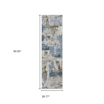 2' X 8' Grey Blue Navy Ivory And Brown Abstract Power Loom Stain Resistant Runner Rug