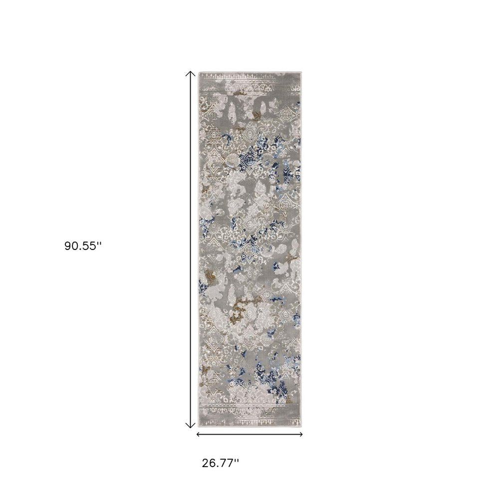 2' X 8' Grey Blue Ivory Brown And Navy Abstract Power Loom Stain Resistant Runner Rug