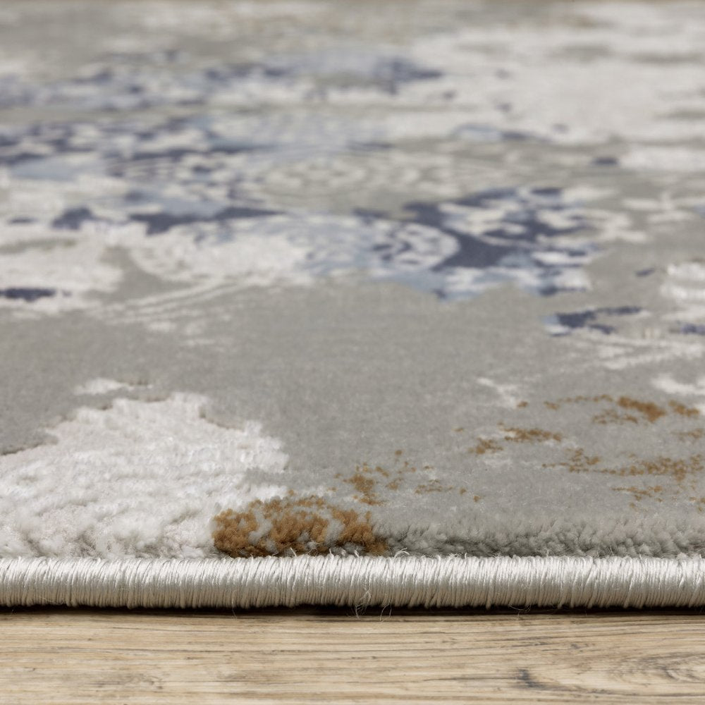2' X 8' Grey Blue Ivory Brown And Navy Abstract Power Loom Stain Resistant Runner Rug