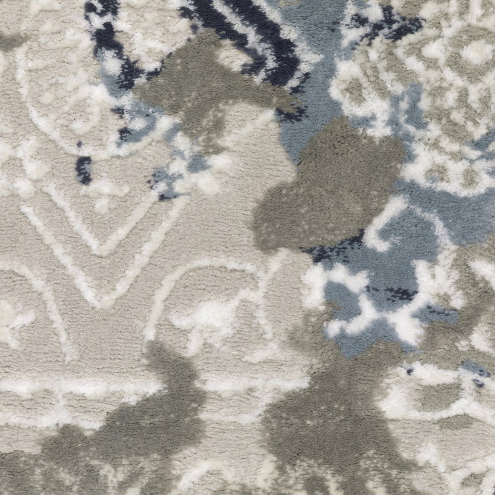 2' X 8' Grey Blue Ivory Brown And Navy Abstract Power Loom Stain Resistant Runner Rug