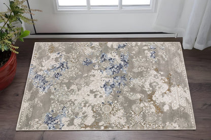 8' X 11' Grey Blue Ivory Brown And Navy Abstract Power Loom Stain Resistant Area Rug