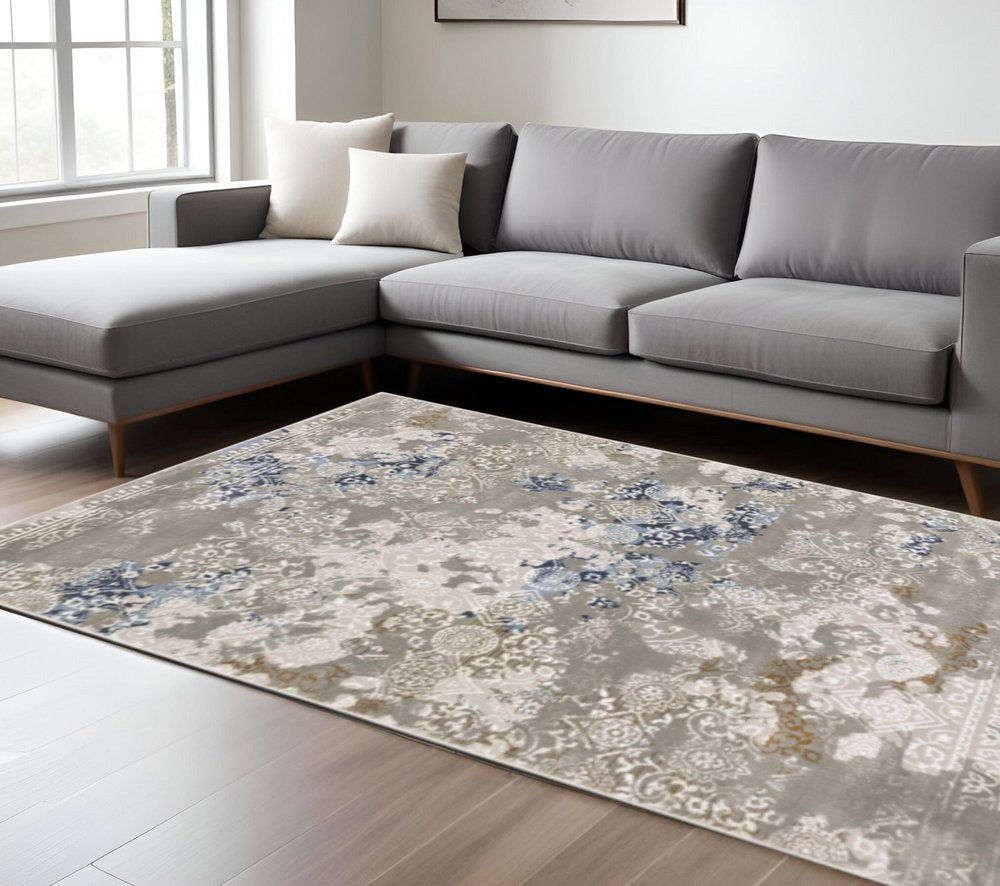 3' X 5' Grey Blue Ivory Brown And Navy Abstract Power Loom Stain Resistant Area Rug
