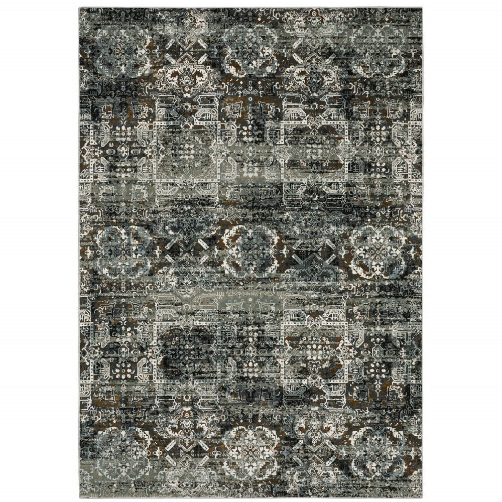 8' X 11' Charcoal Gray And White Oriental Distressed Area Rug