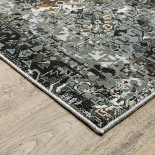 8' X 11' Charcoal Gray And White Oriental Distressed Area Rug