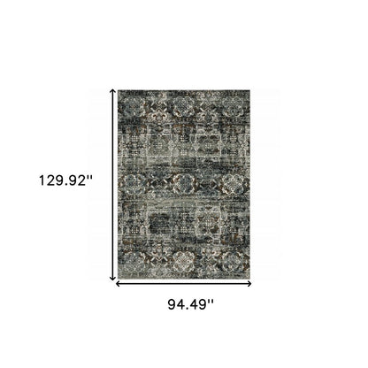 8' X 11' Charcoal Gray And White Oriental Distressed Area Rug