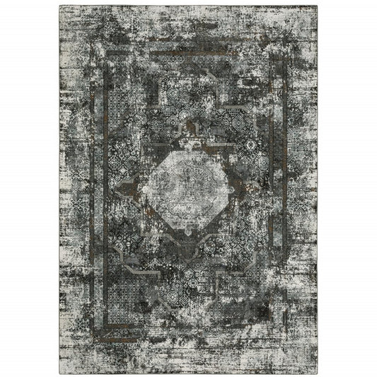 8' X 11' Charcoal And Gray Oriental Distressed Area Rug