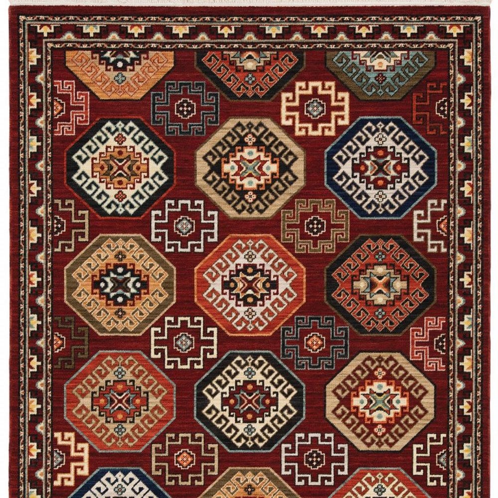 8' X 11' Red Blue Brown And Beige Oriental Power Loom Stain Resistant Area Rug With Fringe