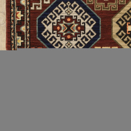 8' X 11' Red Blue Brown And Beige Oriental Power Loom Stain Resistant Area Rug With Fringe