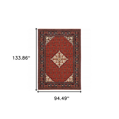 8' X 11' Red Blue Ivory And Orange Oriental Power Loom Stain Resistant Area Rug With Fringe
