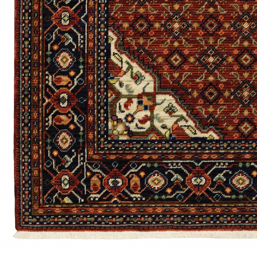 8' X 11' Red Blue Ivory And Orange Oriental Power Loom Stain Resistant Area Rug With Fringe
