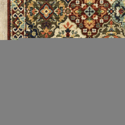 8' X 11' Red Rust Navy Light Blue Brown Orange Ivory And Gold Oriental Power Loom Stain Resistant Area Rug With Fringe
