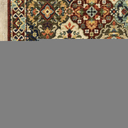8' X 11' Red Rust Navy Light Blue Brown Orange Ivory And Gold Oriental Power Loom Stain Resistant Area Rug With Fringe